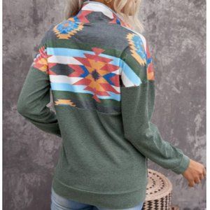 Aztec Print Atop Sage Green Pullover Sweatshirt